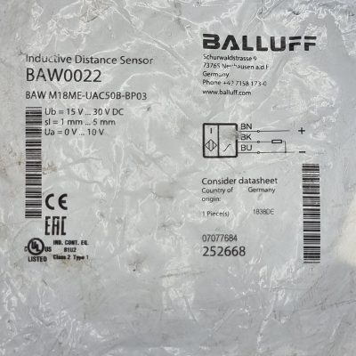 سنسور حساس به فلزات قطر۱۸ خروجی آنالوگ BALLUFF کد BAWM18ME-UAC50B-BP03‎